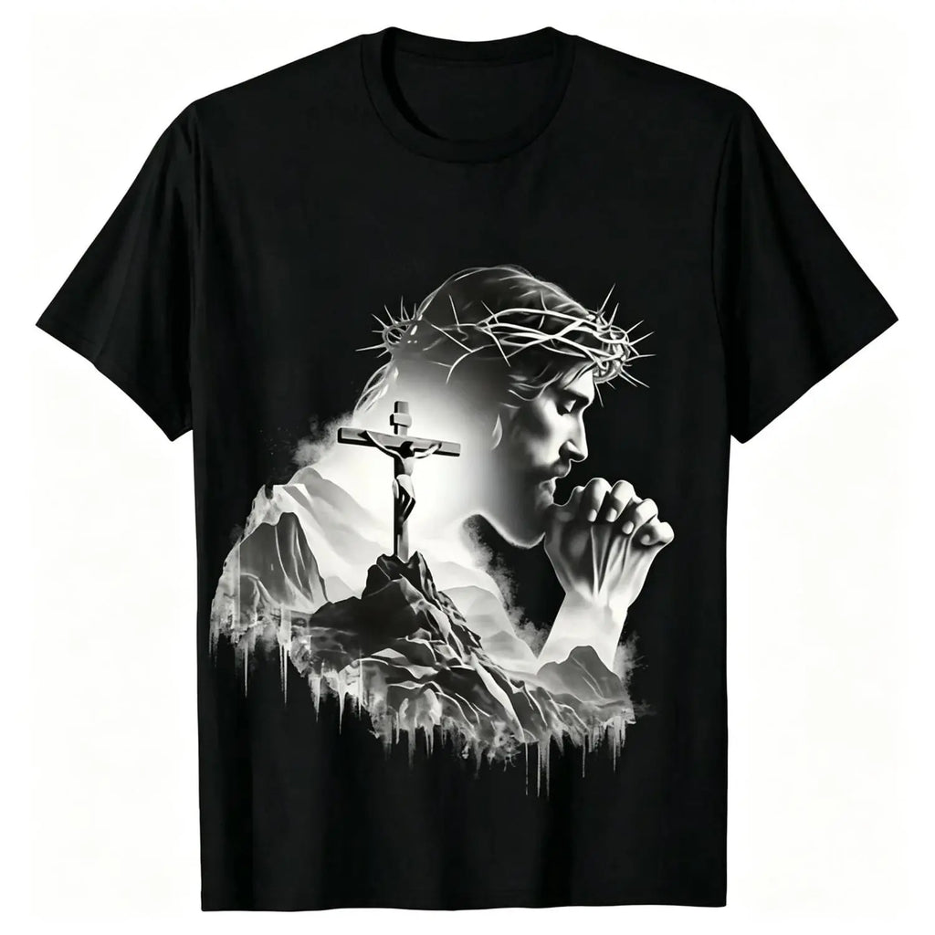 Summer t Shirts Jesus Praying Crown of Thorns Cross Mountain Christian T-Shirt, Faith Based Religious Graphic Tee for Men Women, Vintage Christian Gift, Jesus Lover Shirt, Trendy Christian Apparel