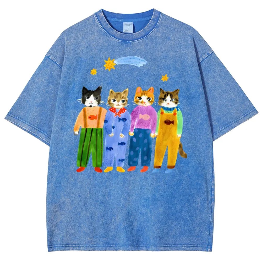 Men's Retro Hand-Painted Funny Cats In Overalls Graphic Vintage 90s Short-Sleeve Round-Neck Unisex Oversized Menswear T-Shirt, Breathable Fabric, Streetwear & Vacation Outfits