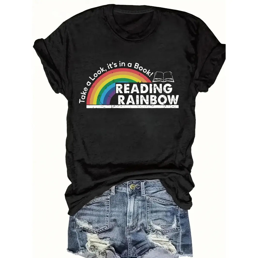 Women's Fitted Cotton Crew Neck Short-Sleeve Rainbow Tee - Soft Breathable Casual Summer Top with Vibrant Print, Vivid HD Print, Retro Style for Reading Lovers, Valentine's Day Party Streetwear