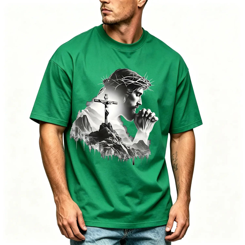 Summer t Shirts Jesus Praying Crown of Thorns Cross Mountain Christian T-Shirt, Faith Based Religious Graphic Tee for Men Women, Vintage Christian Gift, Jesus Lover Shirt, Trendy Christian Apparel