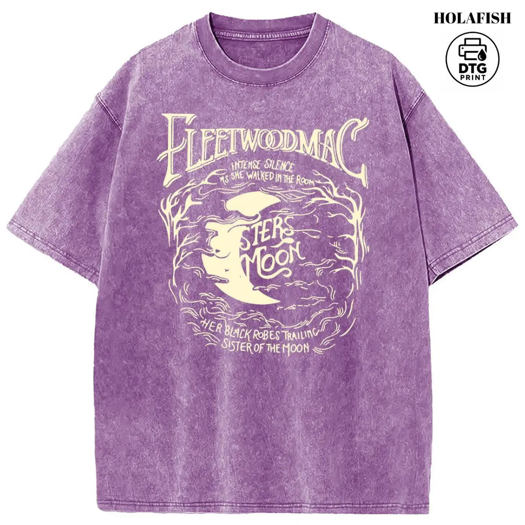[S-5XL!]Holafish Acid Wash Vintage Moon Pattern T-Shirt Update DTG Pure Cotton Streetwear Graphic Vintage Tees Menswear Womenswear Crewneck Tshirt Summerwear