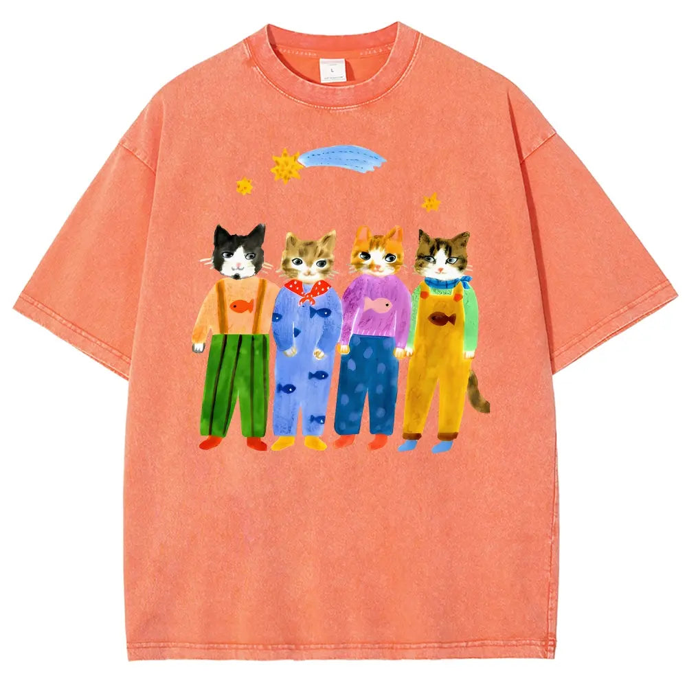Men's Retro Hand-Painted Funny Cats In Overalls Graphic Vintage 90s Short-Sleeve Round-Neck Unisex Oversized Menswear T-Shirt, Breathable Fabric, Streetwear & Vacation Outfits