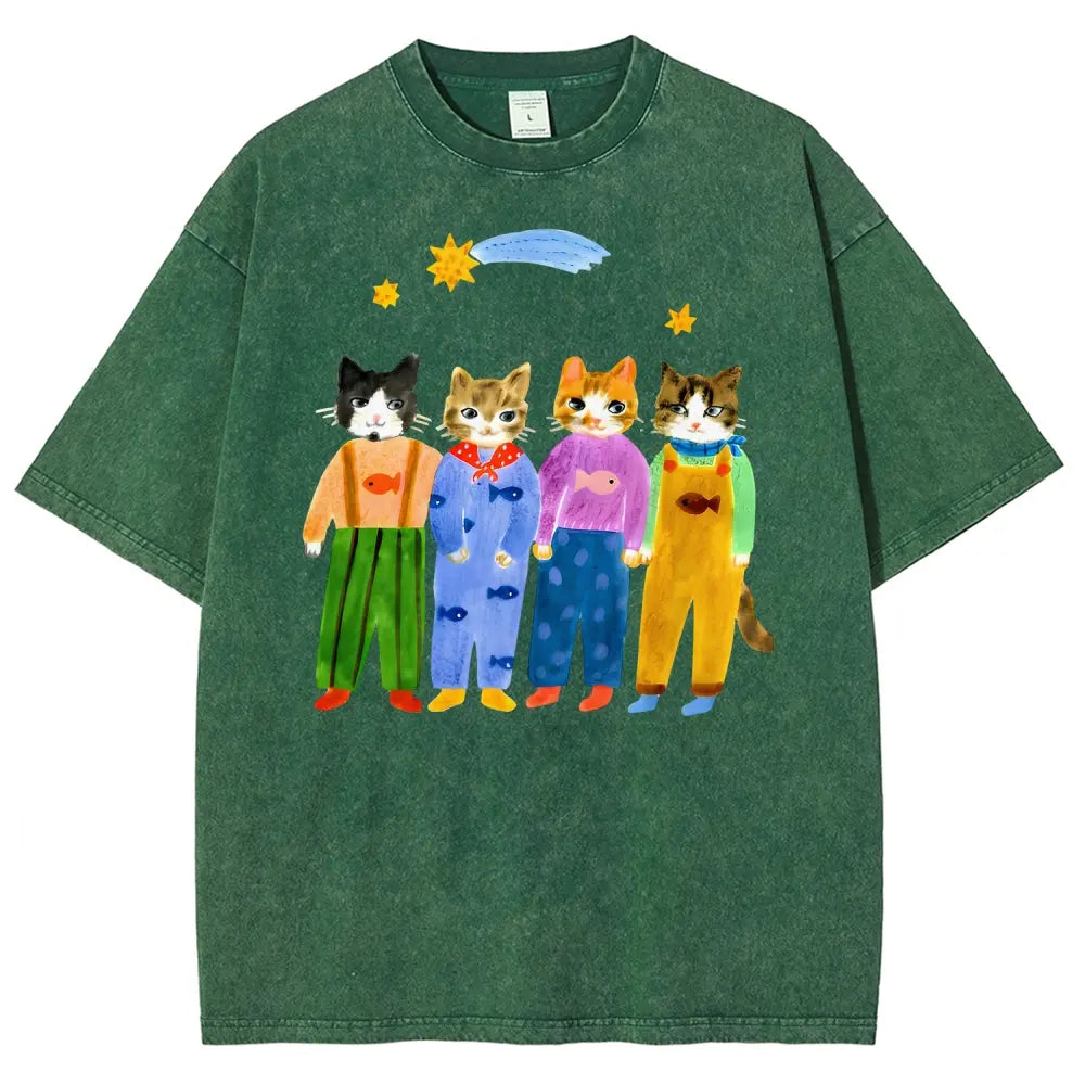 Men's Retro Hand-Painted Funny Cats In Overalls Graphic Vintage 90s Short-Sleeve Round-Neck Unisex Oversized Menswear T-Shirt, Breathable Fabric, Streetwear & Vacation Outfits