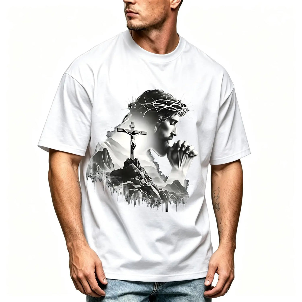 Summer t Shirts Jesus Praying Crown of Thorns Cross Mountain Christian T-Shirt, Faith Based Religious Graphic Tee for Men Women, Vintage Christian Gift, Jesus Lover Shirt, Trendy Christian Apparel