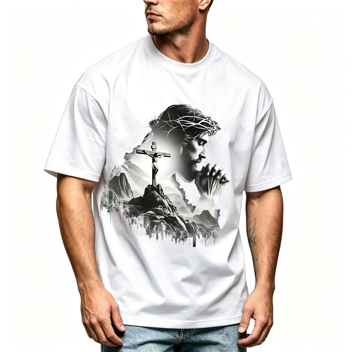 Summer t Shirts Jesus Praying Crown of Thorns Cross Mountain Christian T-Shirt, Faith Based Religious Graphic Tee for Men Women, Vintage Christian Gift, Jesus Lover Shirt, Trendy Christian Apparel