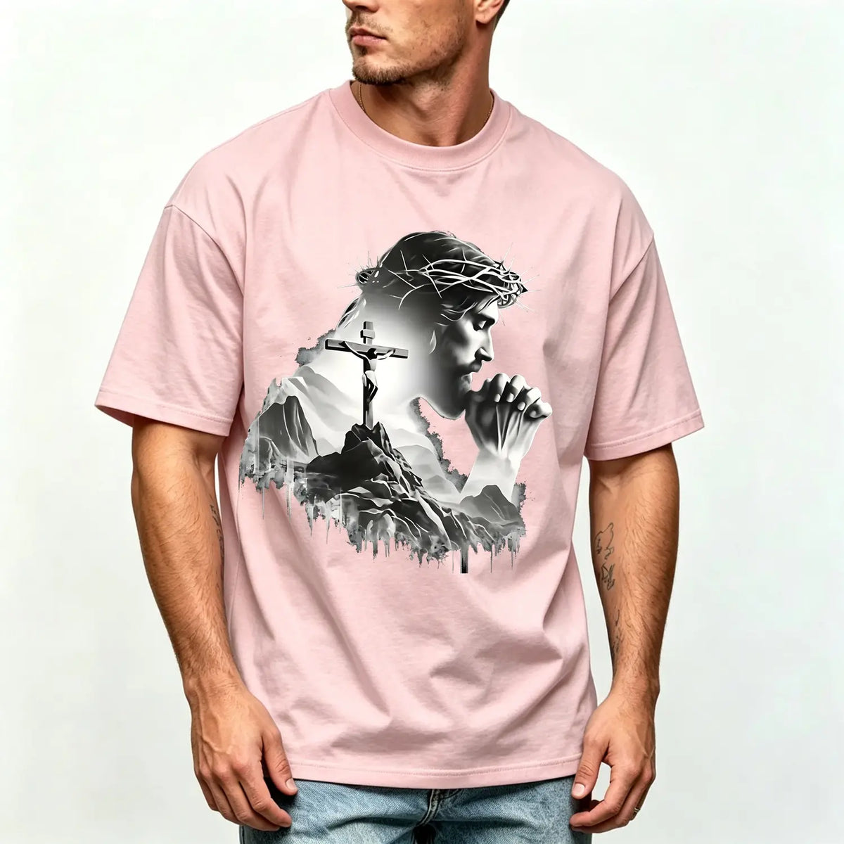 Summer t Shirts Jesus Praying Crown of Thorns Cross Mountain Christian T-Shirt, Faith Based Religious Graphic Tee for Men Women, Vintage Christian Gift, Jesus Lover Shirt, Trendy Christian Apparel