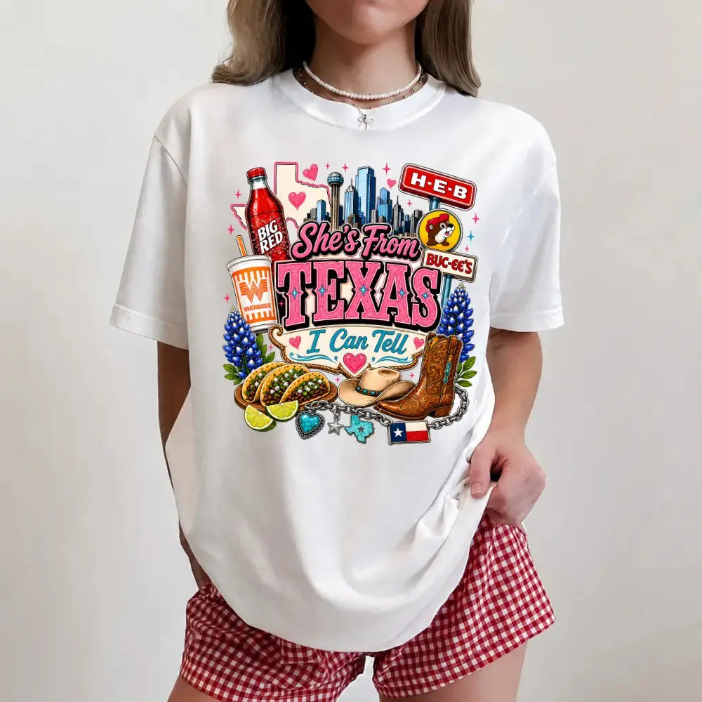 Vintage She's From Texas Retro Graphic Shirt - Cotton Round-Neck Full-Color Printed Sweatshirt, Loose Casual Game Day Basketball Fan Tee, Unisex Sizes S-3XL, Soft Durable Advanced Print