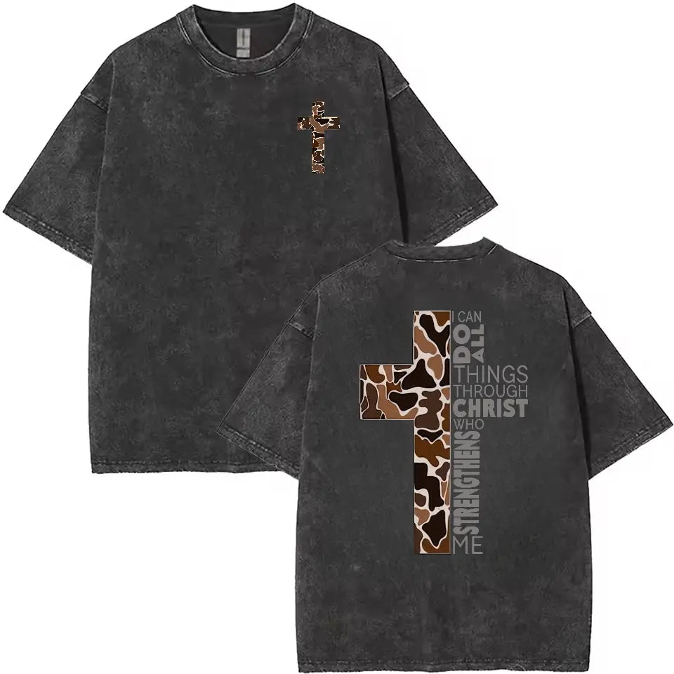 Christian T-Shirt, Camo Cross Design With Philippians 4:13 Verse, Perfect For Faithful Believers And Outdoorsmen