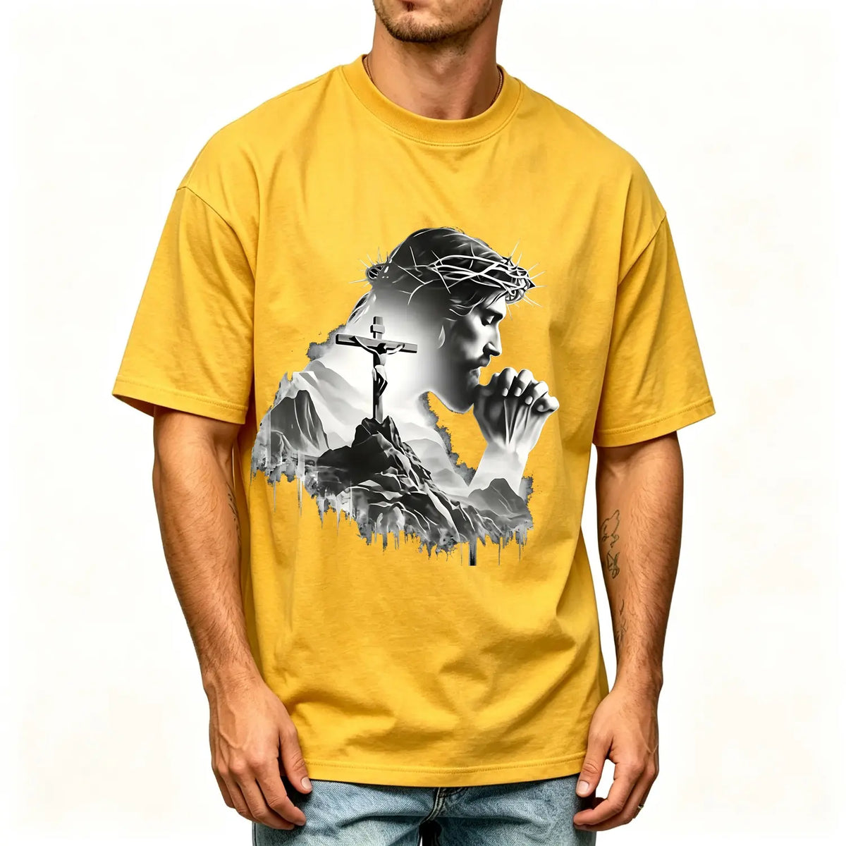 Summer t Shirts Jesus Praying Crown of Thorns Cross Mountain Christian T-Shirt, Faith Based Religious Graphic Tee for Men Women, Vintage Christian Gift, Jesus Lover Shirt, Trendy Christian Apparel